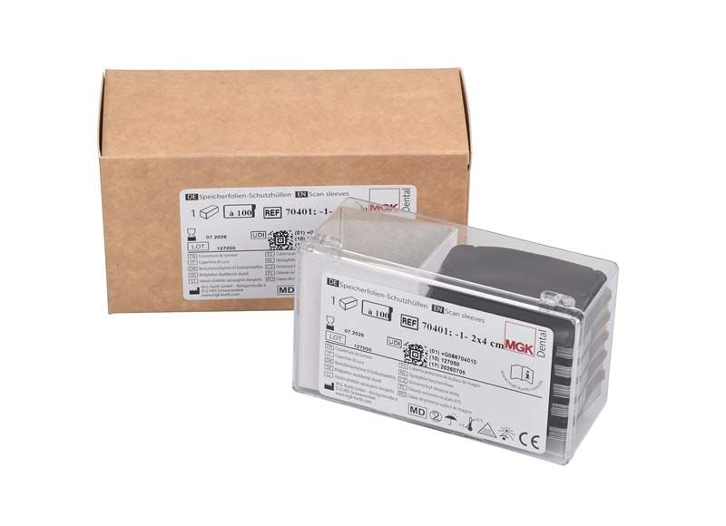 Verpackung und transparente Box mit Speicherfolien-Schutzhüllen Gr. 1, 2x4cm.