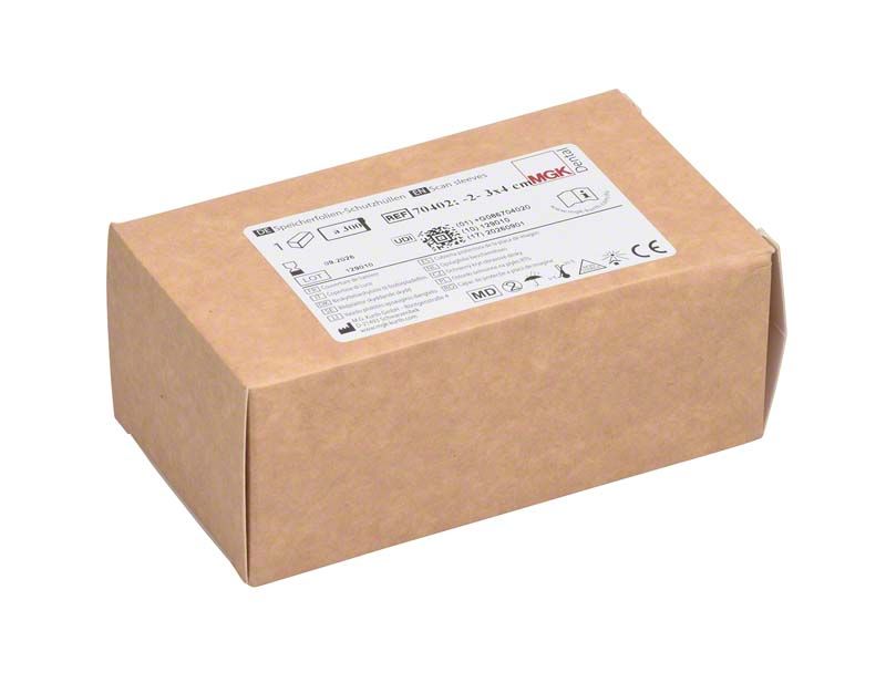 Braune Verpackung der Speicherfolien-Schutzhüllen Gr. 2, 3x4cm, mit Etikett.