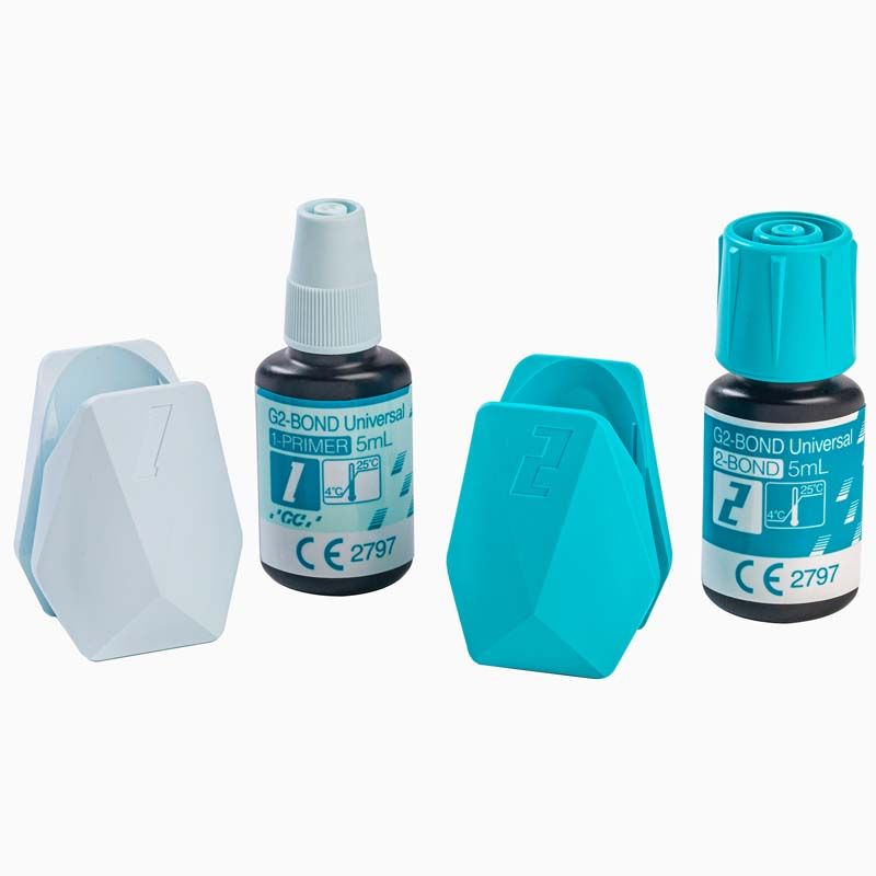 Zwei Flaschen G2-BOND Universal mit blauen und weißen Schutzkappen.