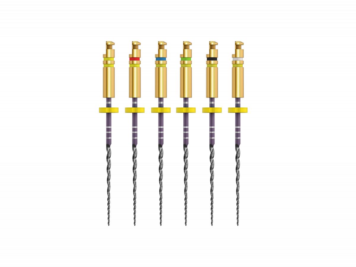 Sechs ZenFlex™ NiTi Rotary Feilen in verschiedenen Farben auf weißem Hintergrund.