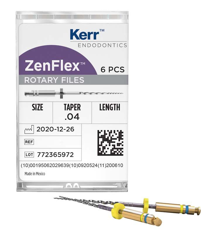 ZenFlex™ NiTi Rotary Feilen 21mm 55/.04 in Verpackung mit QR-Code und zwei Feilen.