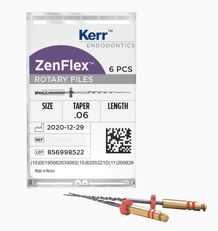 ZenFlex™ NiTi Rotary Feilen 21mm 25/.06 in Verpackung mit zwei sichtbaren Feilen.