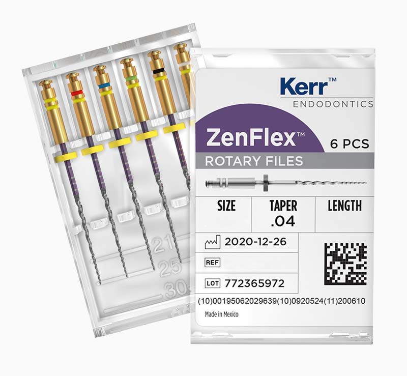 ZenFlex™ NiTi Rotary Feilen Sortiment 20-45/.04 in Verpackung mit sechs Feilen.