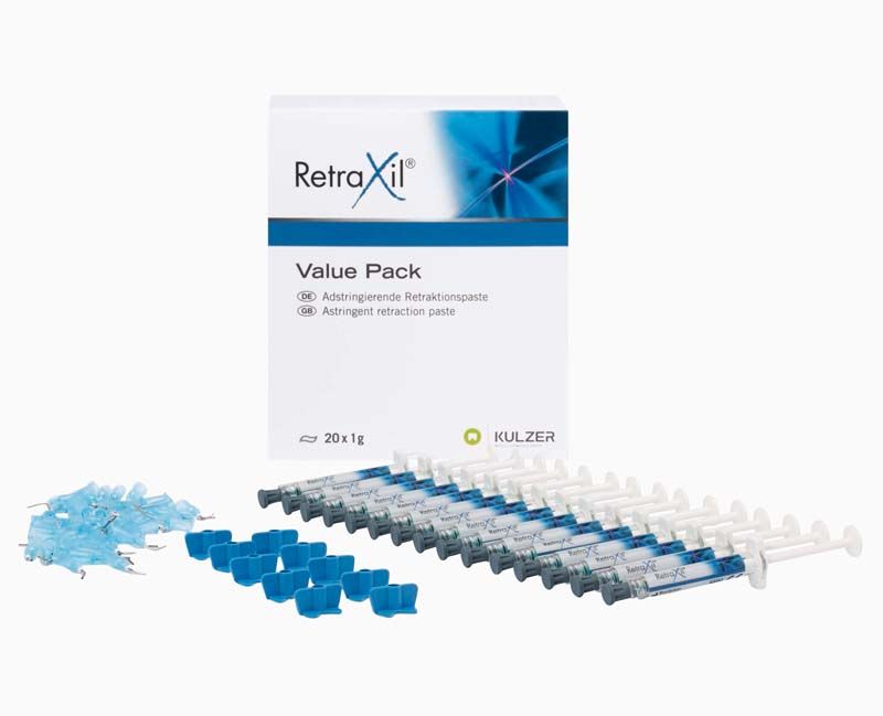 RetraXil® Value Pack 20x1g mit Spritzen und blauen Verschlusskappen.