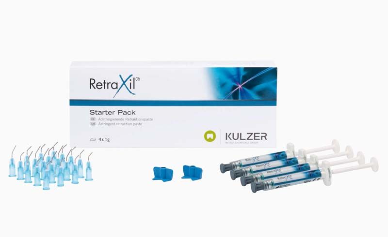 RetraXil® Starter Pack 4x1g mit Spritzen und blauen Applikationsspitzen.
