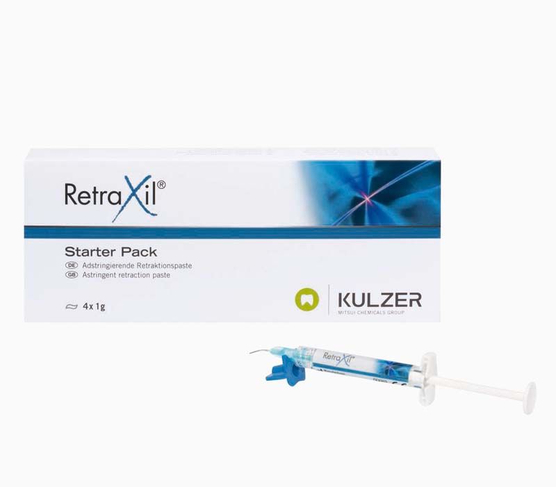 RetraXil® Starter Pack 4x1g Verpackung und Spritze mit blauer Spitze.