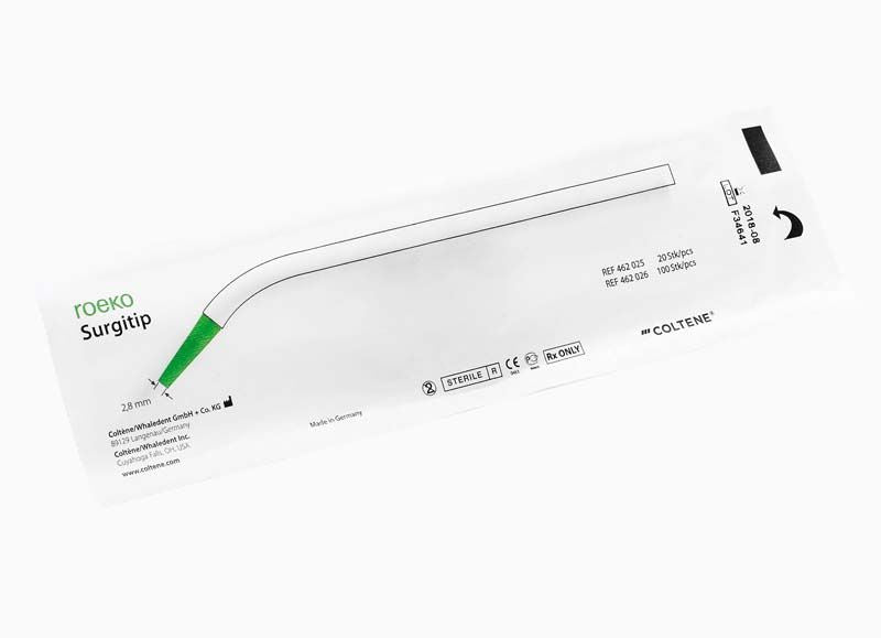 ROEKO Surgitip Absaugkanüle in Einzelverpackung mit technischen Details.