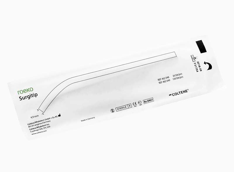 Verpackung der ROEKO Surgitip Absaugkanüle mit Produktinformationen.