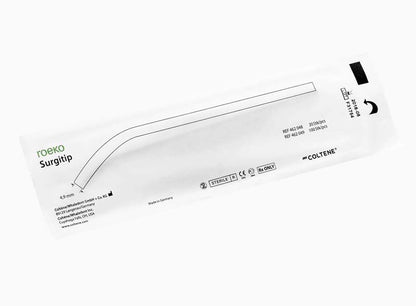Verpackung der ROEKO Surgitip Absaugkanüle mit Produktinformationen und Grafik.