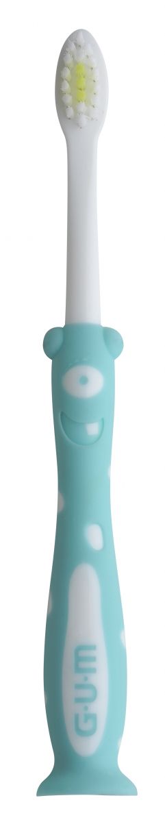 Mintgrüne GUM® KIDS Zahnbürste mit fröhlichem Monsterdesign für Kinder.
