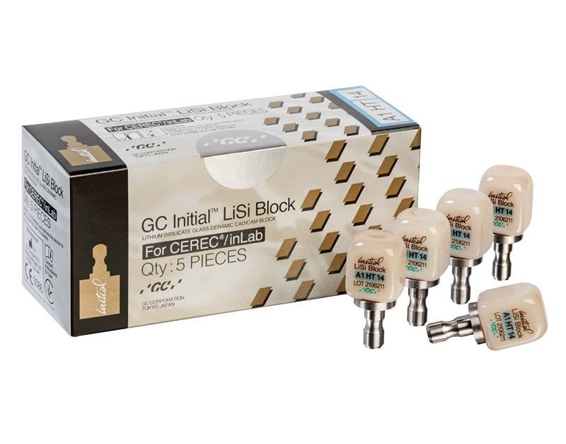 Initial™ LiSi Block CEREC 14 HT A1, Lithium-Disilikat-Blöcke mit Verpackung.