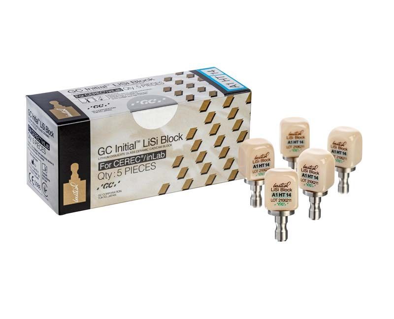Initial™ LiSi Block CEREC 14 HT A1, fünf CAD/CAM-Blöcke mit Verpackung.
