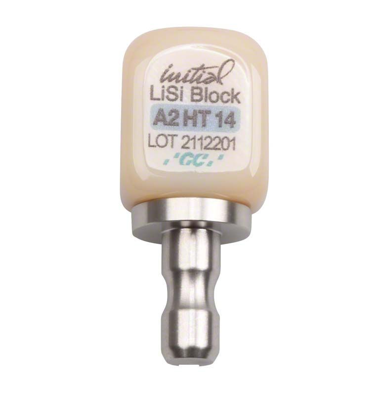 Initial™ LiSi Block CEREC 14 HT A2, detaillierte Nahaufnahme der Oberseite mit Beschriftung.
