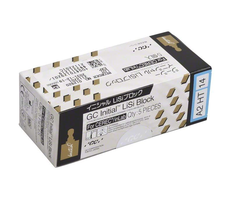 Verpackung des Initial™ LiSi Block CEREC 14 HT A2 mit Produktinformationen.