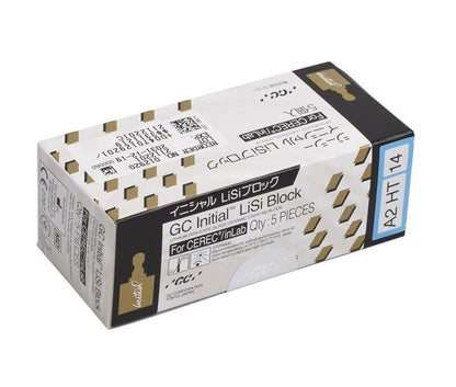 Verpackung des Initial™ LiSi Block CEREC 14 HT A2 mit Produktinformationen.