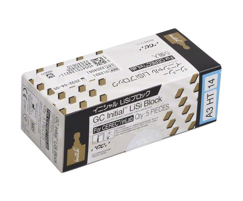 Verpackung der Initial™ LiSi Block CEREC 14 HT A3 mit Produktinformationen.