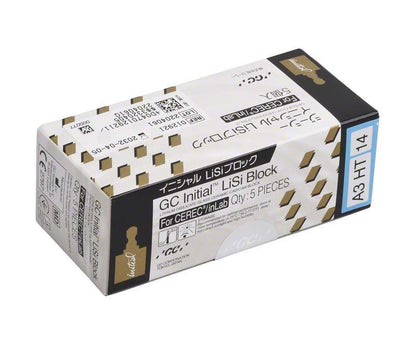 Verpackung der Initial™ LiSi Block CEREC 14 HT A3 mit Produktinformationen.