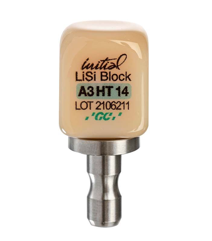 Initial™ LiSi Block CEREC 14 HT A3, einzeln mit Beschriftung und Halterung.