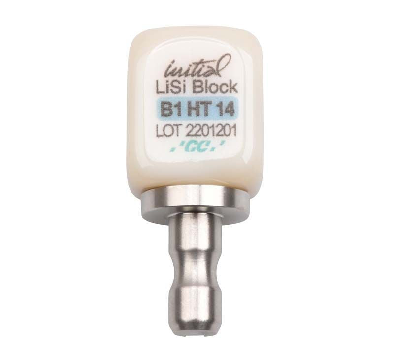 Initial™ LiSi Block CEREC 14 HT B1, Nahaufnahme des Keramikblocks mit Beschriftung.