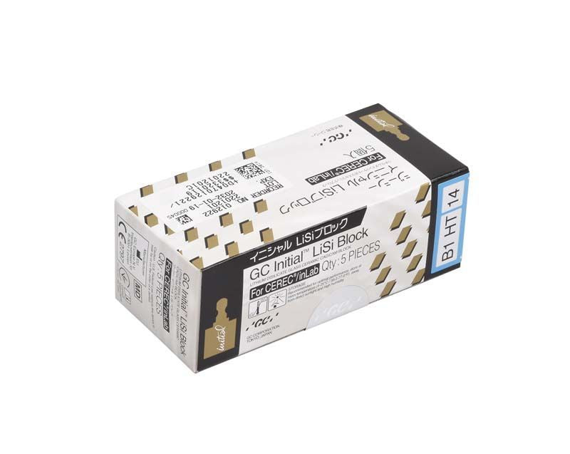 Verpackung des Initial™ LiSi Block CEREC 14 HT B1 mit fünf Keramikblöcken.