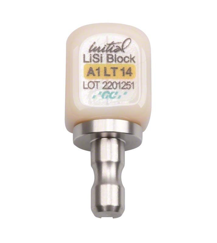Initial™ LiSi Block CEREC 14 LT A1 Nahaufnahme mit Beschriftung.