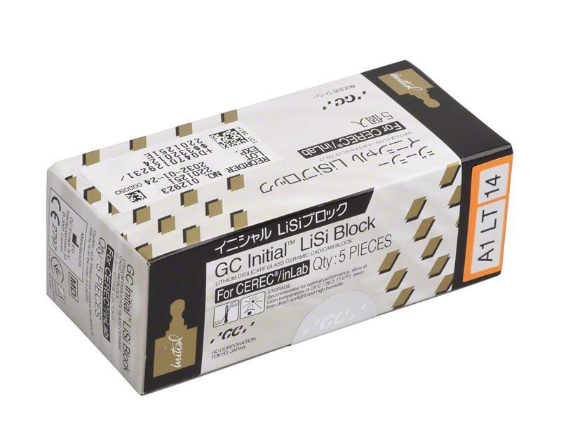 Verpackung des Initial™ LiSi Block CEREC 14 LT A1 mit fünf Blöcken.
