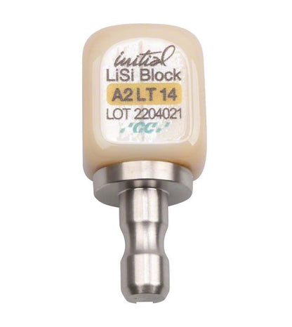 Initial™ LiSi Block CEREC 14 LT A2, Nahaufnahme des Dentalblocks mit Beschriftung.