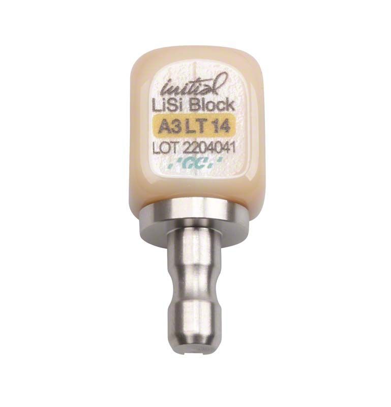 Initial™ LiSi Block CEREC 14 LT A3 mit Seriennummer auf weißem Hintergrund