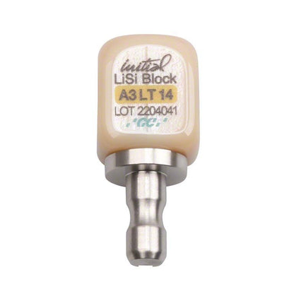 Initial™ LiSi Block CEREC 14 LT A3 mit Seriennummer auf weißem Hintergrund