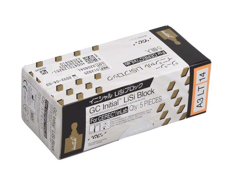 Verpackung des Initial™ LiSi Block CEREC 14 LT A3 mit Produktdetails.