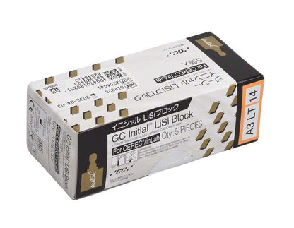 Verpackung des Initial™ LiSi Block CEREC 14 LT A3 mit Produktdetails.