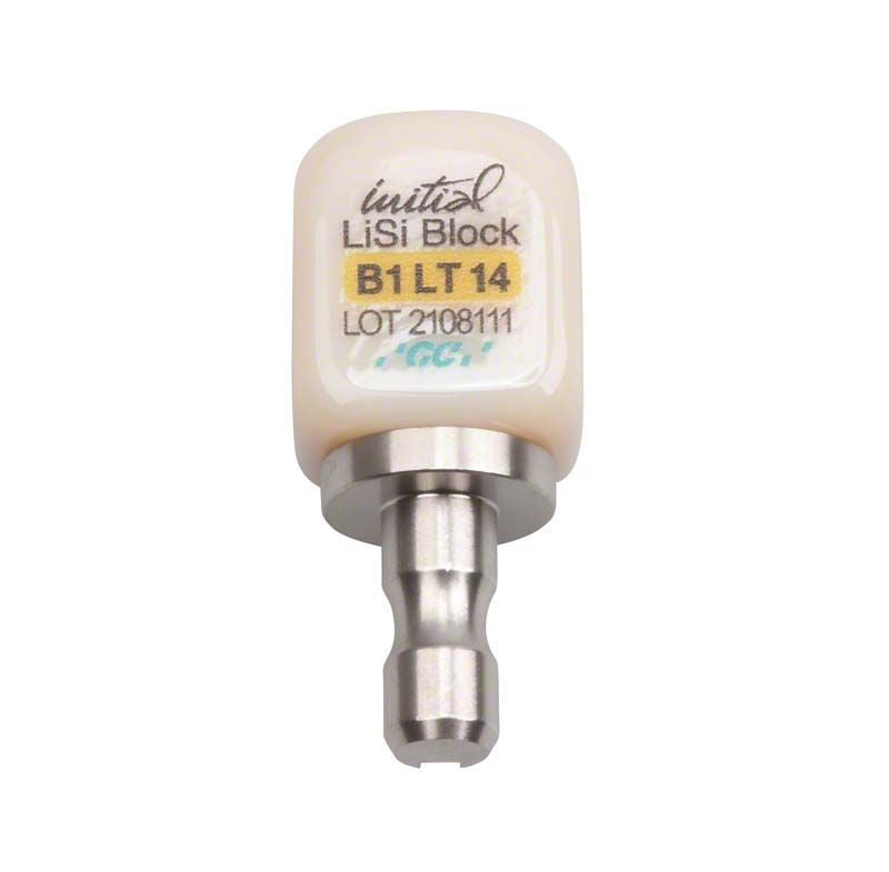Initial™ LiSi Block CEREC 14 LT B1 mit Beschriftung auf weißem Hintergrund