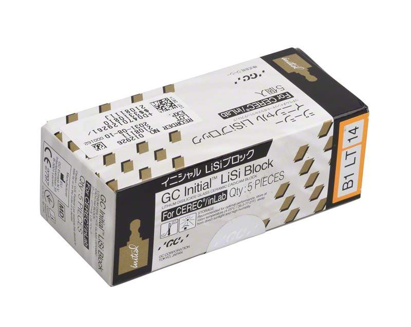 Verpackung der Initial™ LiSi Block CEREC 14 LT B1 mit Produktinformationen.
