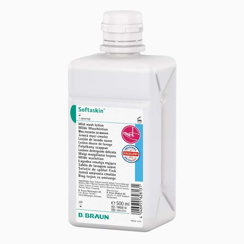 Weißes Softaskin® Faltflasche 500 ml mit Etikett und Inhaltsangaben.