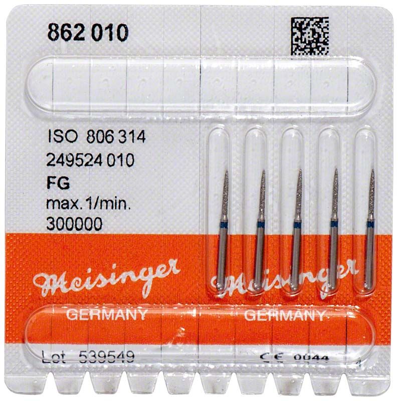 Verpackung mit fünf Diamant-Schleifinstrumenten, Modell FG 862 010, von Meisinger.