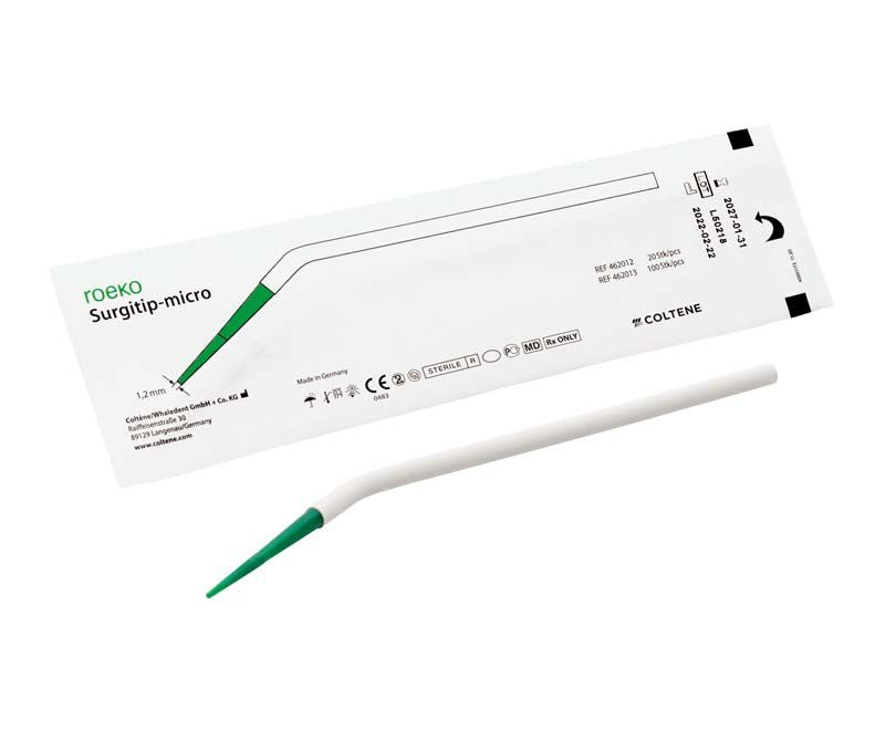 ROEKO Surgitip-micro mit grüner konischer Spitze und Verpackung.
