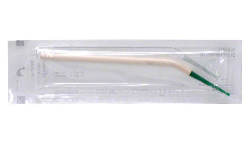 ROEKO Surgitip-micro Einmalabsaugkanüle in steriler Einzelverpackung mit grüner Spitze.