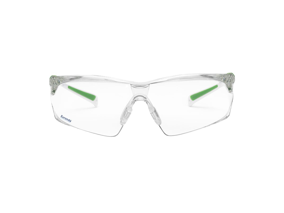 Monoart Schutzbrille FitUp mit transparenten Gläsern und grünen Bügelenden.