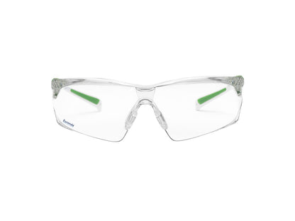 Monoart Schutzbrille FitUp mit transparenten Gläsern und grünen Bügelenden.