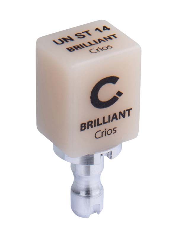 Keramikblock BRILLIANT Crios CEREC 14 ST mit Beschriftung.
