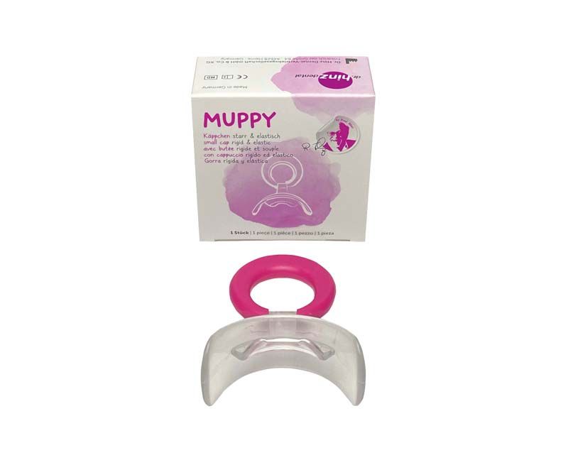 MUPPY® Käppchen Gr. 1 transparent mit rosa Griff vor Verpackung