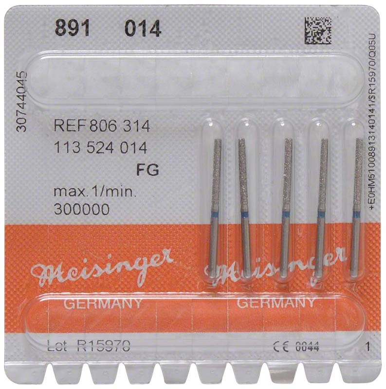 Verpackung von Diamant FG 891 014 blau mit fünf Dentalbohrern.
