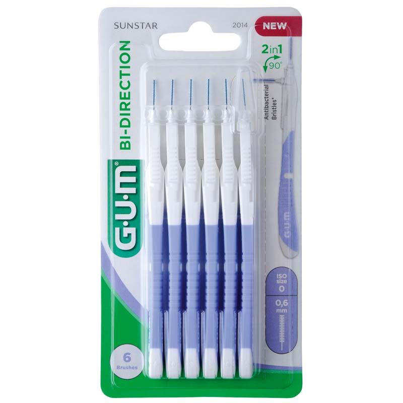 GUM® BI-DIRECTION 6er Blister mit hellblauen Interdentalbürsten und Verpackungsdetails.