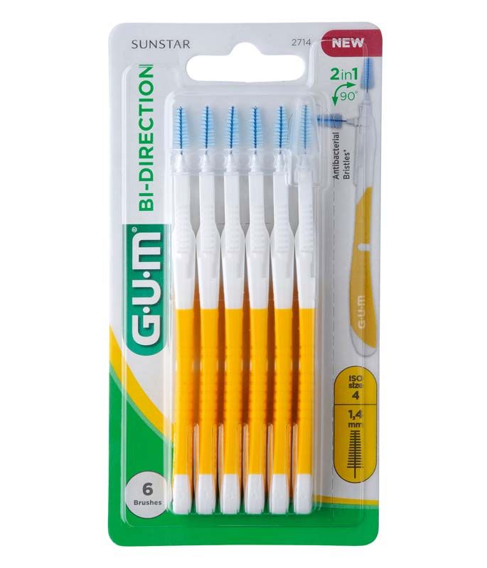 GUM® BI-DIRECTION 6er Blister, Größe 4, gelbe Interdentalbürsten, Verpackungsansicht.