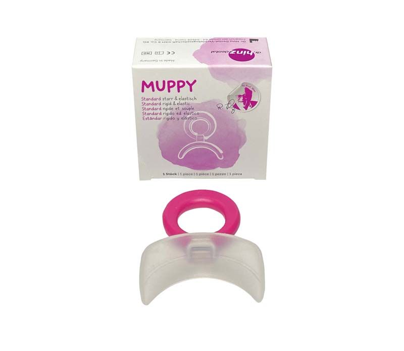 Mundvorhofplatte MUPPY® Standard Gr. 1, transparent mit pinkem Griff.