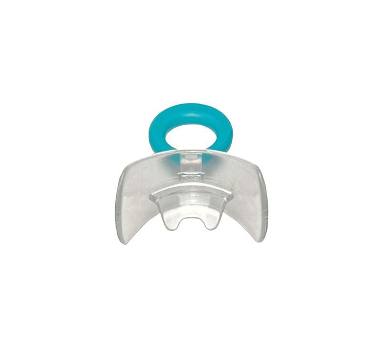 Transparente Mundvorhofplatte mit türkisfarbener Halterung in Nahaufnahme.