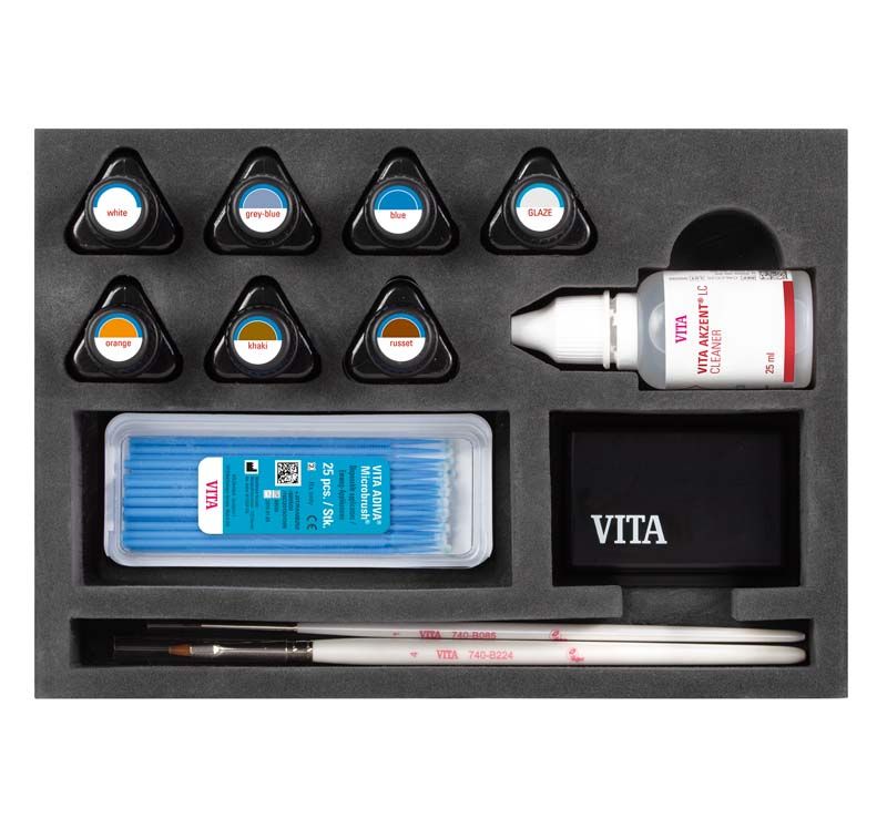VITA AKZENT® LC Standard Kit mit Malfarben und Zubehör in Schaumstoffeinlage.