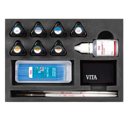 VITA AKZENT® LC Standard Kit mit Malfarben und Zubehör in Schaumstoffeinlage.