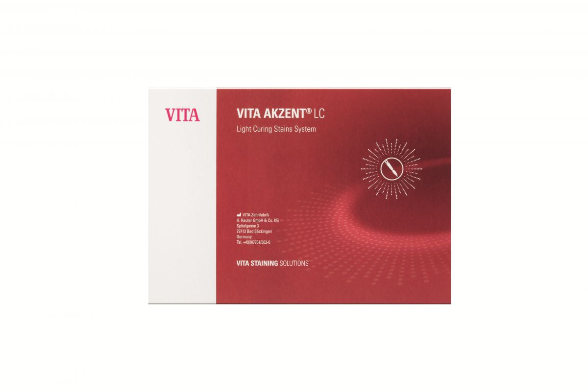 VITA AKZENT® LC Kit in roter Verpackung mit Licht-Härtungssystem-Design.