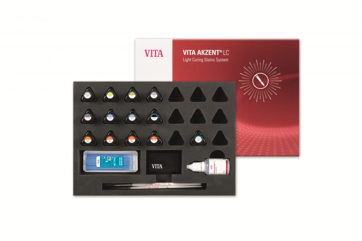 VITA AKZENT® LC Expert Kit mit Farbfläschchen und Zubehör für Zahnrestaurationen.